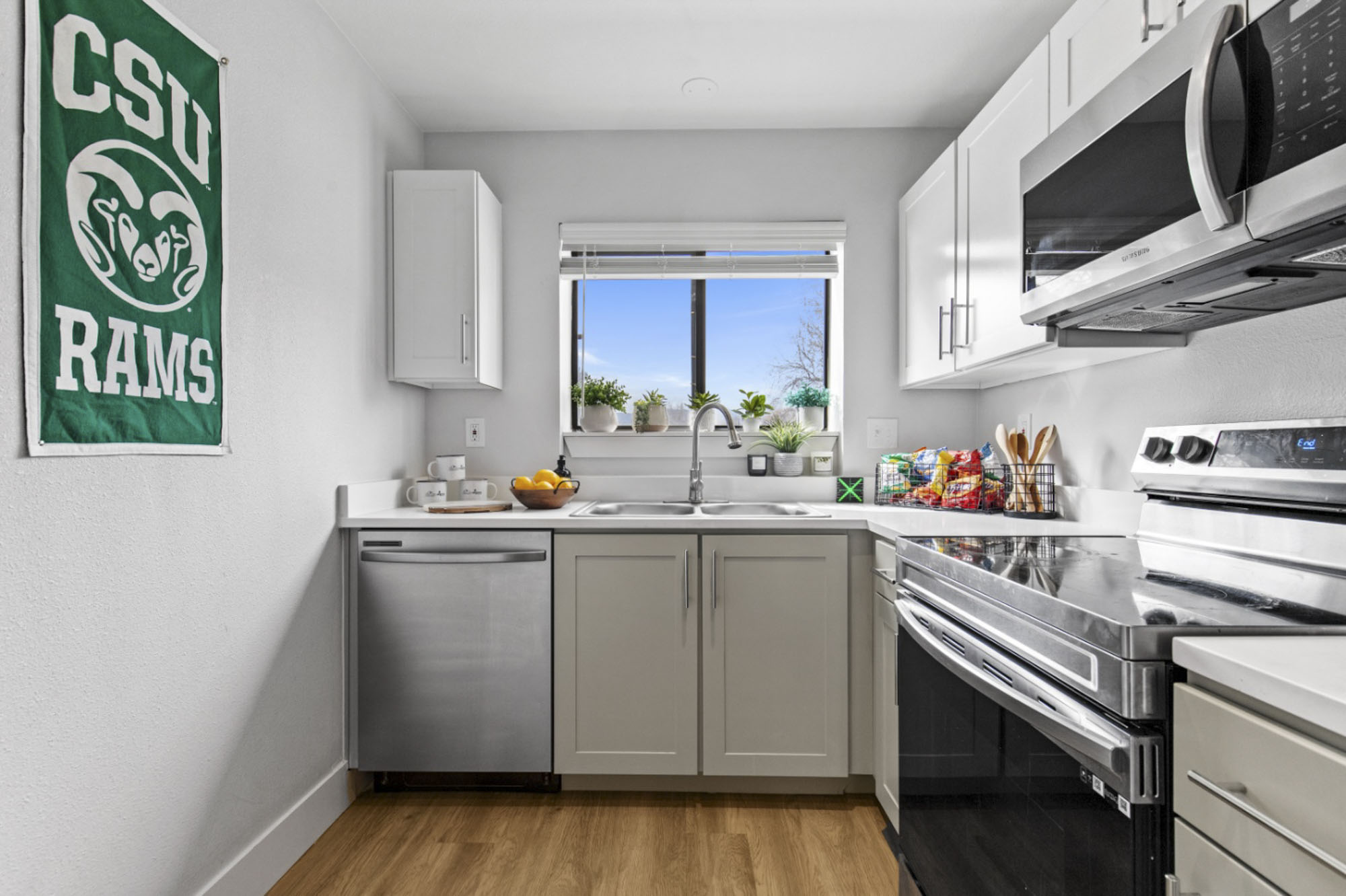 Kitchen with dishwasher and quartz countertops at The Junction